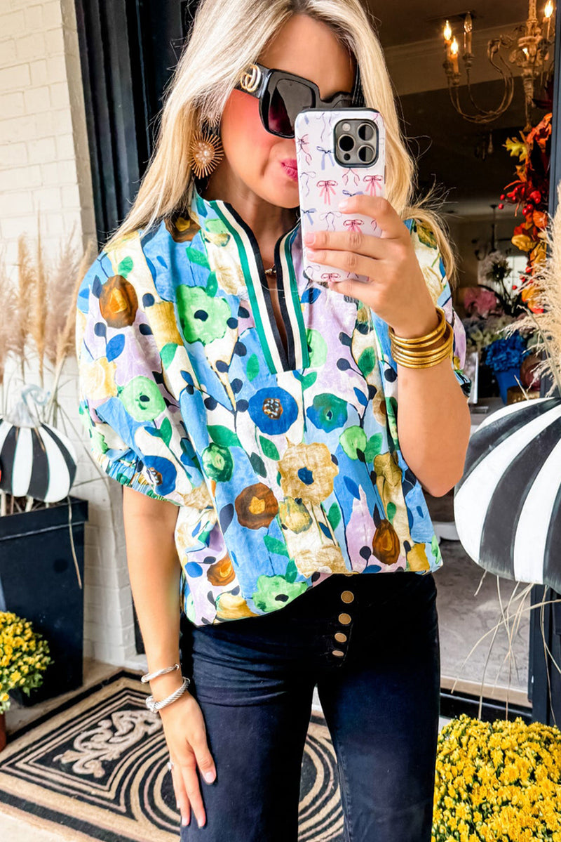 Light Blue V-Neck Floral Print Boho Blouse