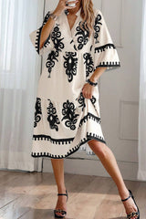 Beige Western Geometric Print 3/4 Sleeve Loose Midi Dress