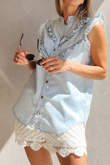 Beau Blue Mineral Wash Sleeveless Frill Button-Up Denim Shirt