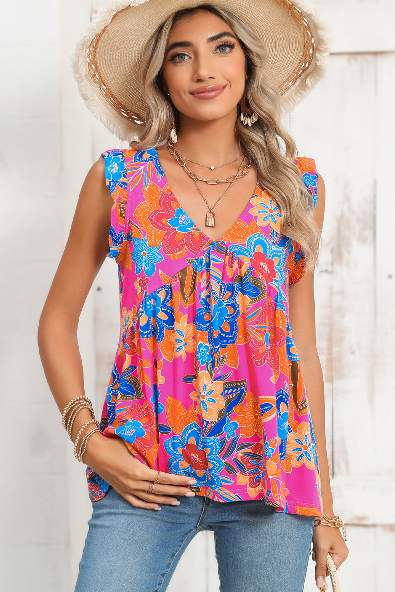 Rose Red Paisley Print Boho Ruffle Hem Sleeveless Shirt