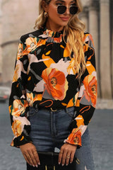 Black Floral Frilled Neck Peasant Sleeve Blouse