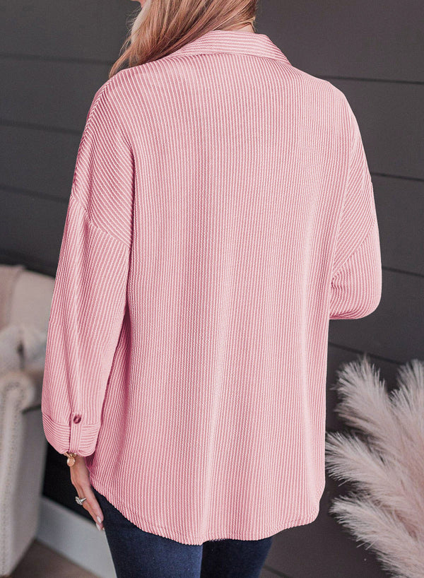 Pink Solid Color Textured Roll Tab Sleeve Shirt Shacket