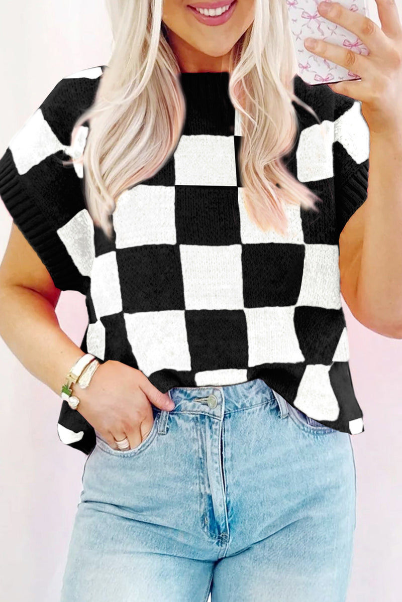 Black Colorblock Plaid Knit Vest