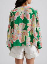 Green Floral Pleated Puff Sleeve Blouse