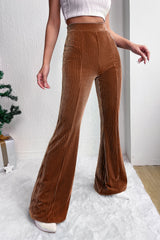 Chestnut Solid Color High Waist Corduroy Flare Pants