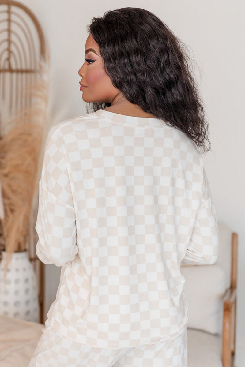 Beige Checkered Print Long Sleeve Loose Fit Pajama Set