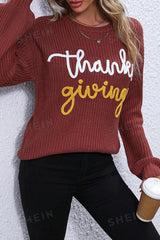 Red Sandalwood Thanksgiving Letter Graphic Crew Neck Sweater