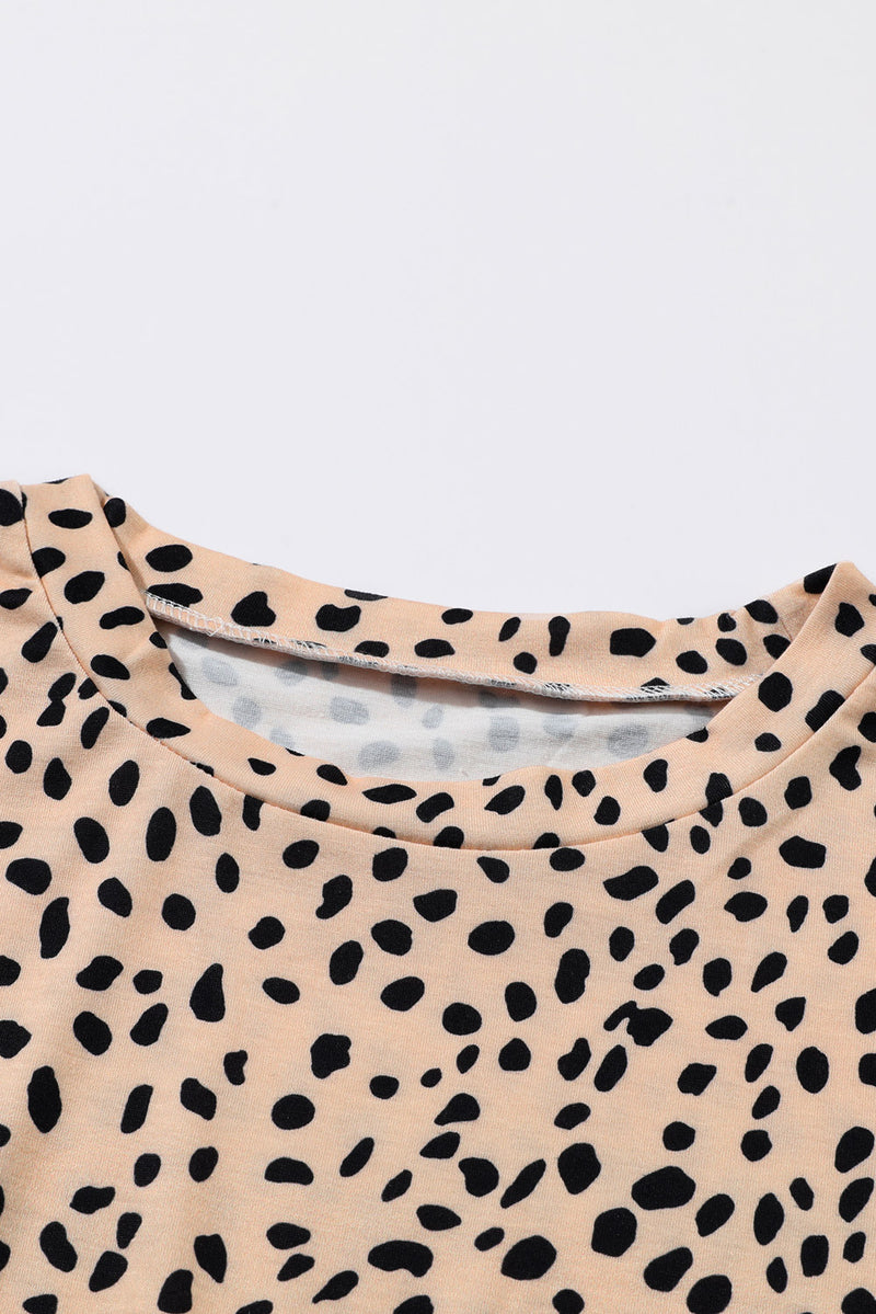 Khaki Crew Neck Long Sleeve High Waisted Leopard Print Dress