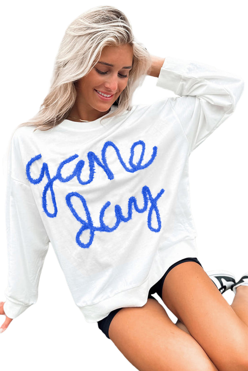 White Tinsel Game Day Drop Shoulder Sweatshirt