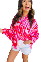 Pink Abstract Print Batwing Sleeve Loose Shirt