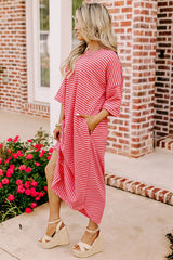 Strawberry Pink Striped Drop Sleeve Loose Dress