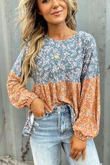 Orange Ditsy Floral Color Block Ruffle Hem Long Sleeve Top