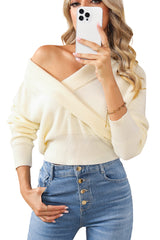 Beige Ribbed Long Sleeve Surplice Crop Sweater