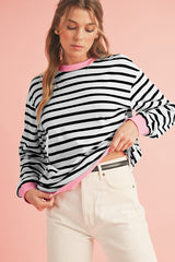 Black Striped Contrast Trim Long Sleeve Top