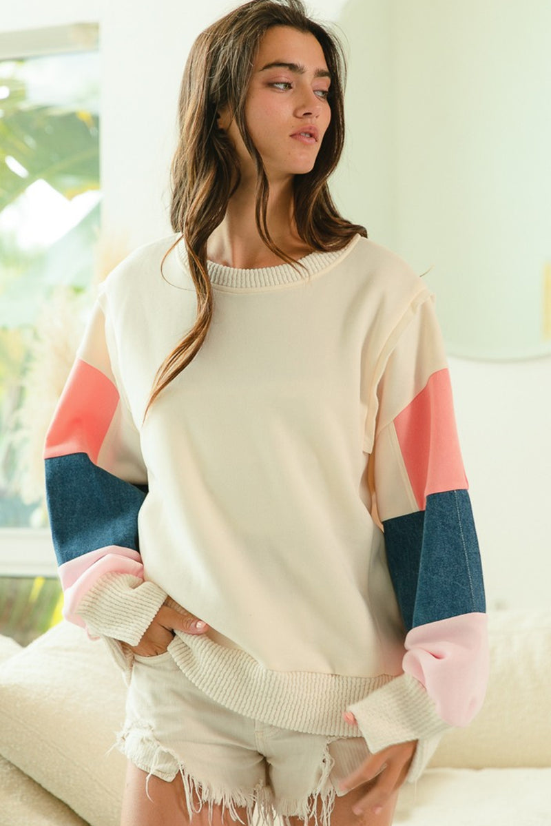 White Color Block Sleeve Ribbed Trim Long Sleeve Top