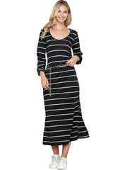 Brown Striped Casual Slit High Waist Midi Dress