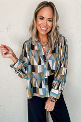 Green Geometric Print Button Balloon Sleeve Loose Fit Shirt