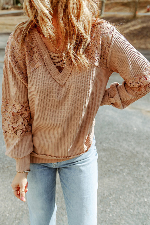 Apricot Lace and Waffle Knit Crisscross Straps V Neck Long Sleeve Top