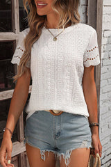 White Eyelet Embroidery Scalloped Short Sleeve Blouse