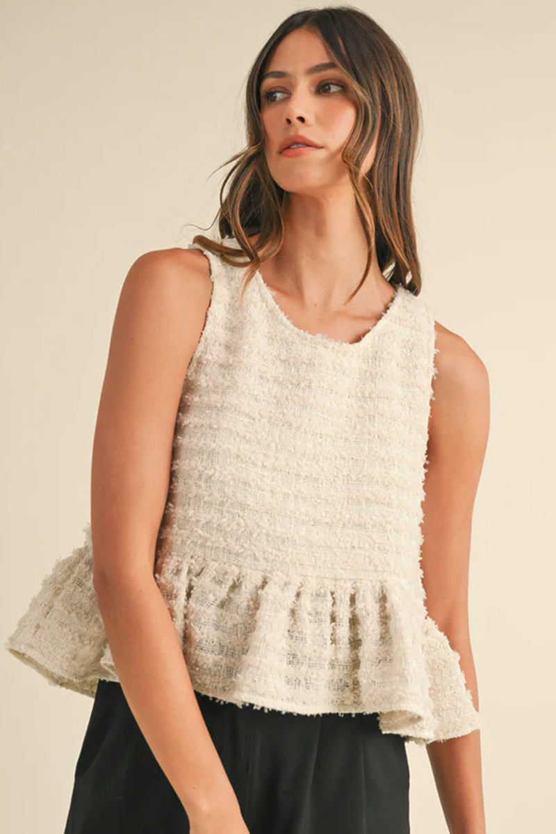 White Frayed Textured Ruffle Hem Sleeveless Top