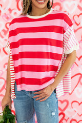 Pink Stripe Patchwork Side Split Loose T Shirt