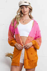 Rose Pompom Color Block Knit Open Front Cardigan