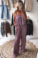 Rose Tan Solid Self Tied Straps Pleated Wide Leg Jumpsuit