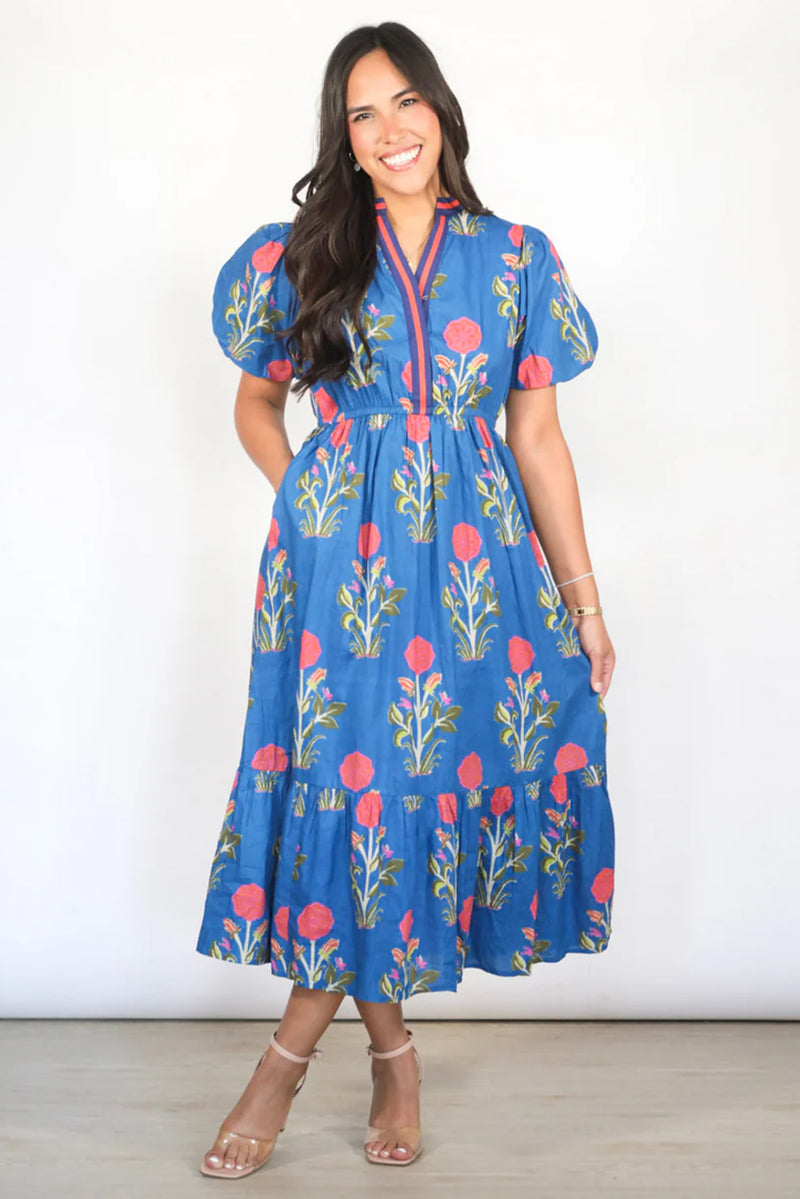 Sky Blue Floral Ruffle Hem Long Dress