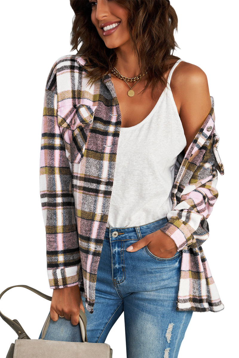 Flannel Button Up Long Sleeve Pink Plaid Shacket