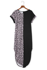 Rose Leopard Patchwork Pocket Casual T-Shirt Dress With Slits