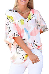 White Tie Dye Leopard Print Back Keyhole Blouse