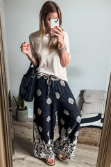 Black Bohemian Print Drawstring Waist Wide Leg Pants