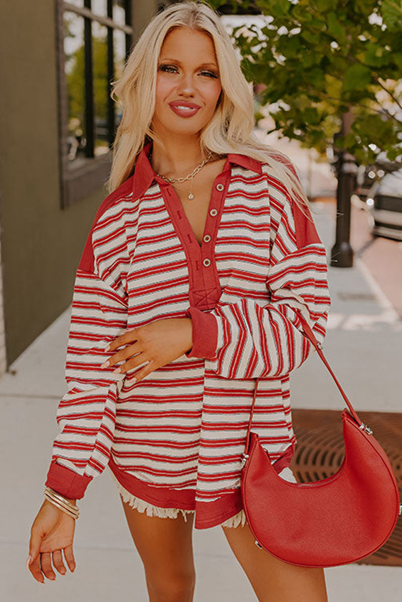 Red Stripe Collared V Neck Drop Shoulder Top