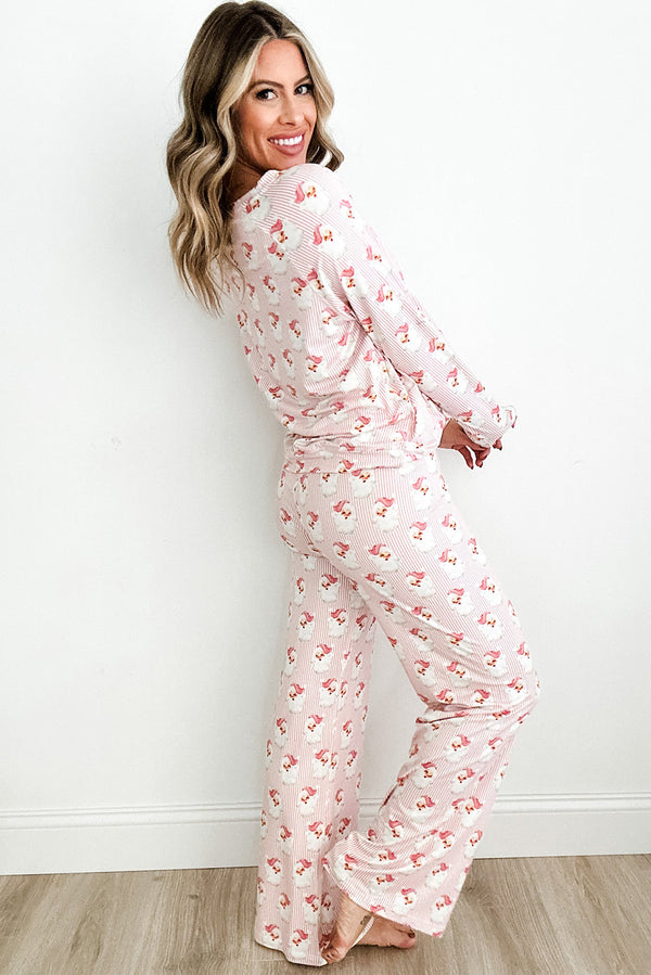 Pink Santa Claus Striped Print Loose Fit Two Piece Loungewear Set