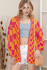 Rose Red Colorblock Checked Open Front Knitted Cardigan