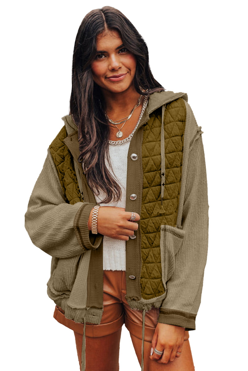 Coral Quilted Textured Patchwork Hooded Jacket