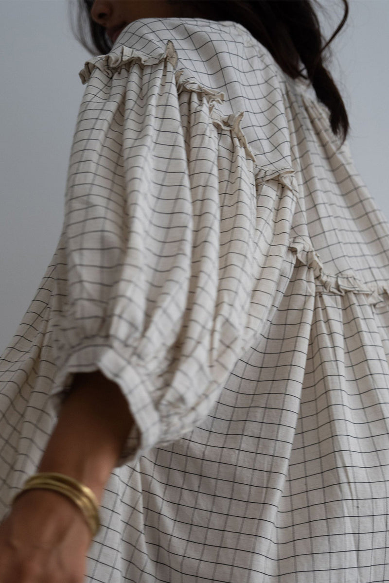 White Plaid Frill Detail Flowy Mini Dress