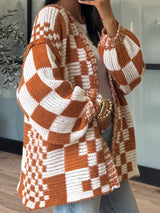 Checkered Open Front Long Sleeve Cardigan