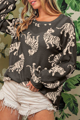 White Animal Print Drop Sleeve Pullover Sweatshirt