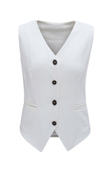 White Solid Color Button Up V Neck Suit Vest