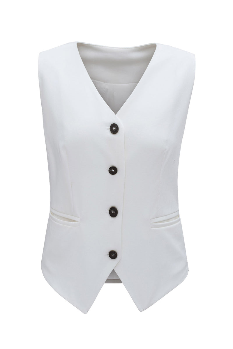 White Solid Color Button Up V Neck Suit Vest