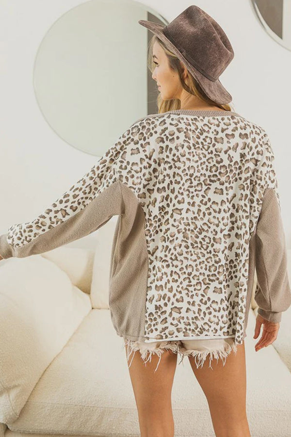 Leopard Print Casual Pullover Long Sleeve Top for Women