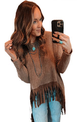 Coffee Waffle Patchwork Fringe Hem High Low Loose Top