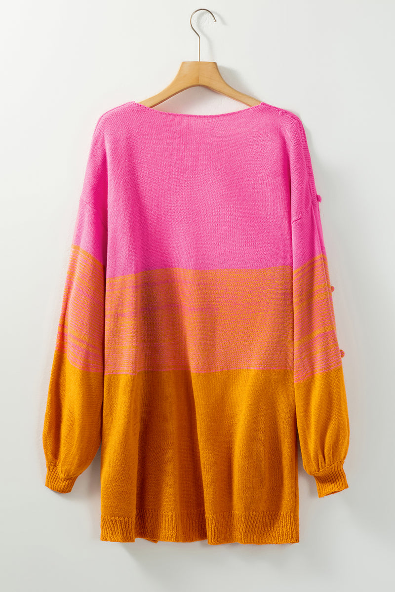 Rose Pompom Color Block Knit Open Front Cardigan