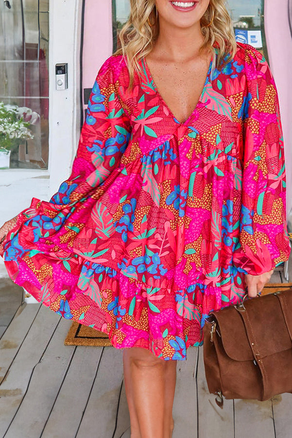 Rose Tropical Print Lantern Sleeve V Neck Ruffle Plus Mini Dress