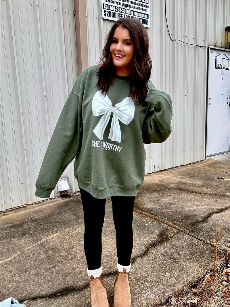 She is worthy green sweatshirt