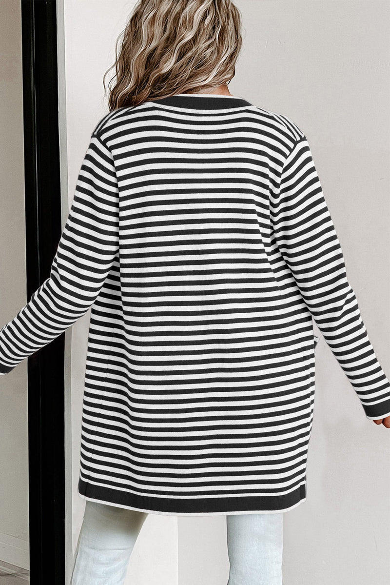 Black Striped Pocketed Button Long Cardigan