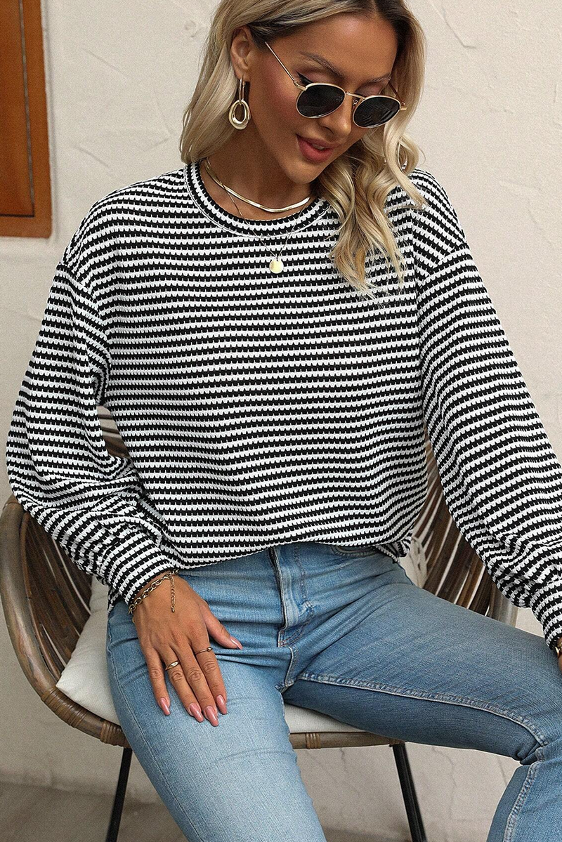 Black Striped Round Neck Drop Shoulder Long Sleeve Top