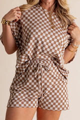 Brown Plus Size Checkerboard Print Side Slit Tee and Shorts Set