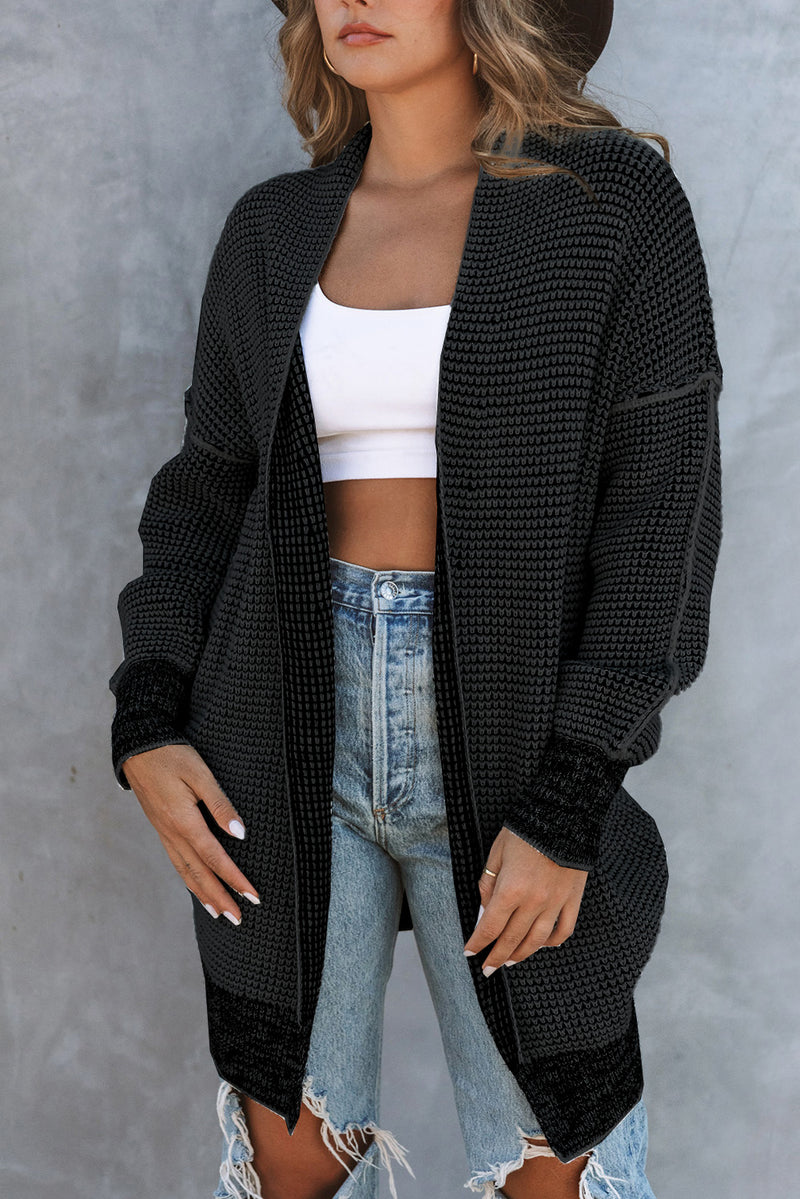 Black Plaid Casual Contrast Trim Knit Cardigan